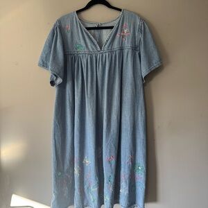 Vintage Womens Denim Midi Dress Butterfly Floral Embroidered V Neck Short Sleeve
